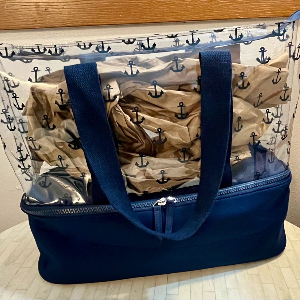 Navy Blue Anchor Print Transparent & Insulated Beach Nautical Tote Bag - Picture 2 of 14